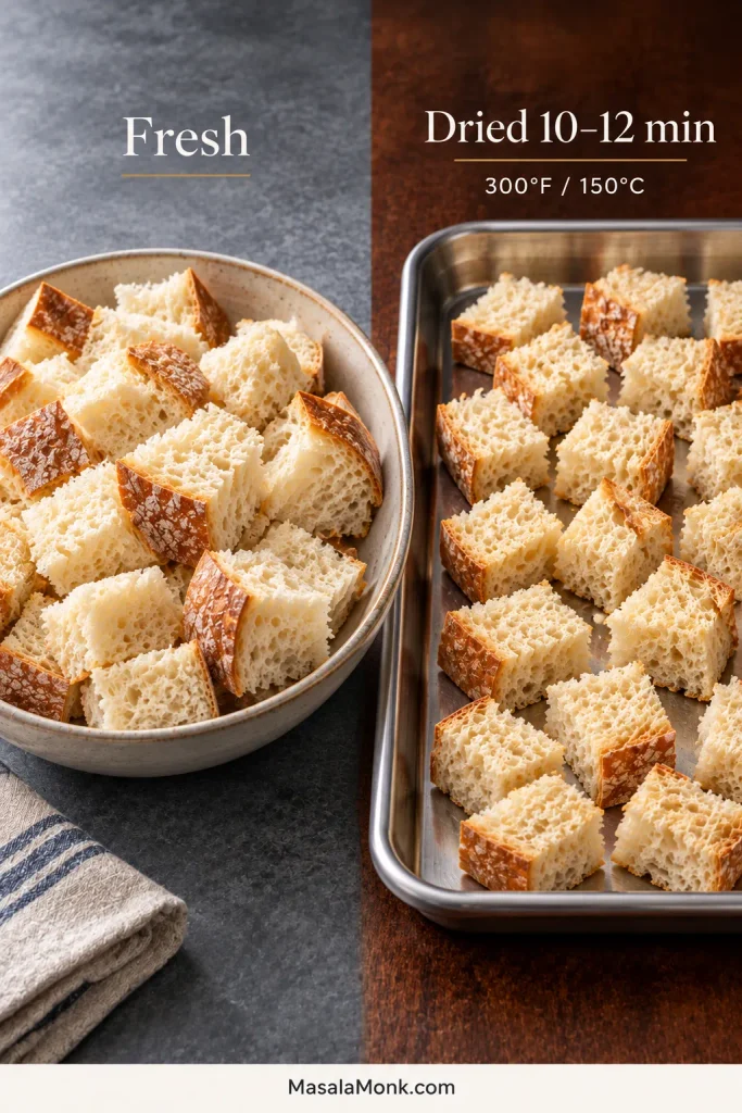 Side-by-side comparison of fresh bread cubes and lightly dried bread cubes, with the dried pieces still pale rather than toasted.