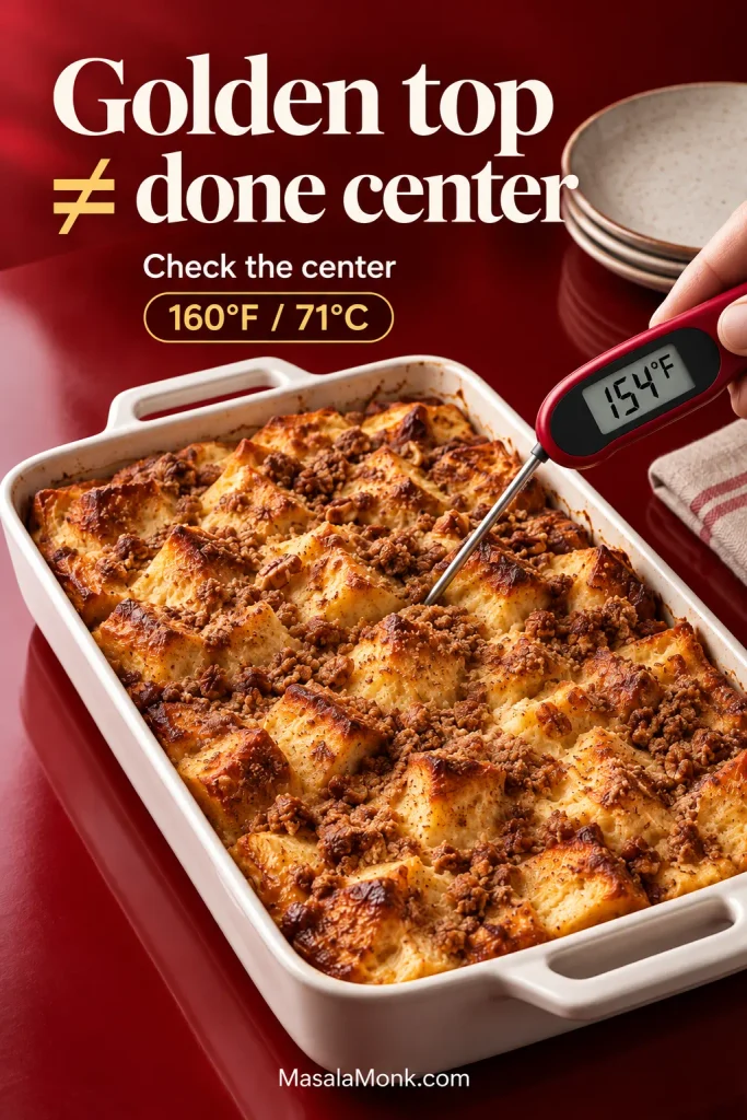 Golden French toast casserole being checked in the center while the browned surface is already well developed.