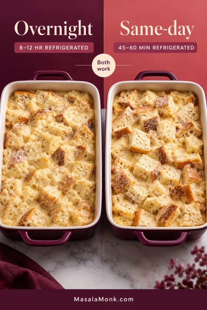 Comparison of an overnight French toast casserole soak and a shorter same-day refrigerated soak.