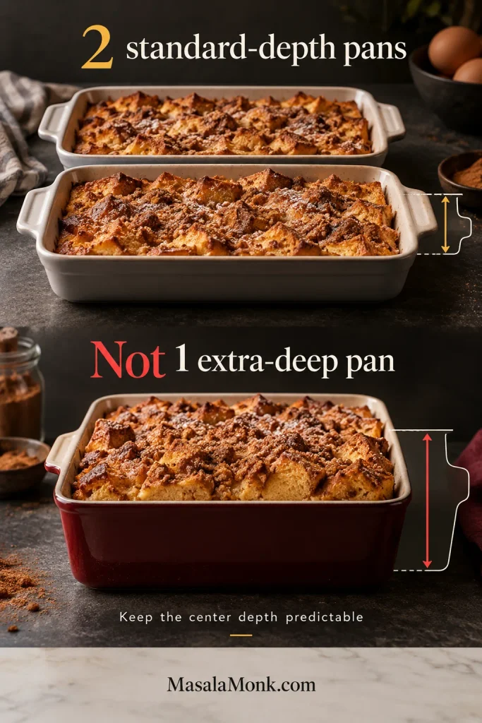 Comparison showing two standard-depth casserole pans beside one extra-deep casserole dish for scaling the recipe.