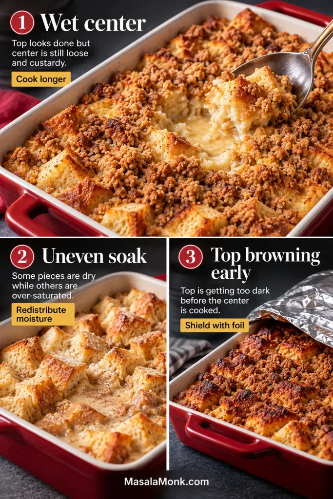 Three-panel troubleshooting guide showing a wet center, unevenly soaked bread, and a browned top being protected with foil.