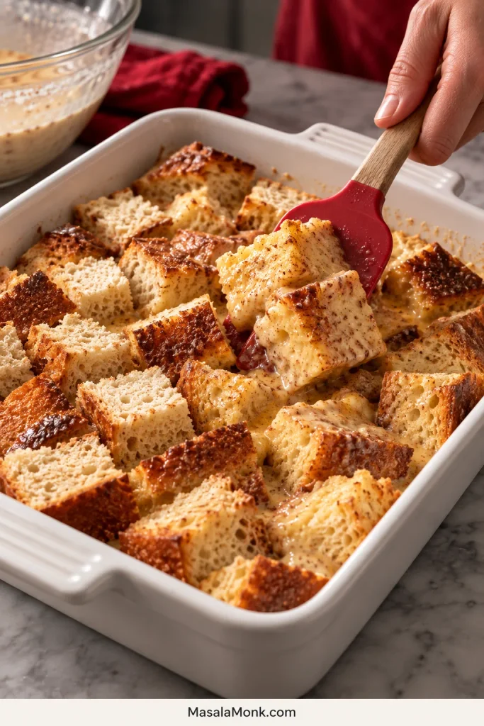 Bread pieces being gently lifted, turned and pressed into custard so their exposed surfaces become moistened.
