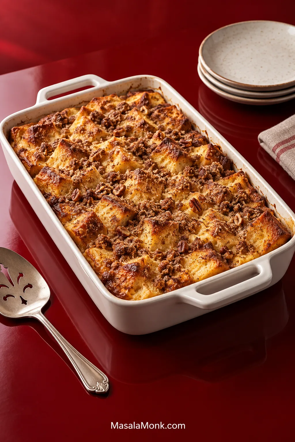 Baked French toast casserole in a rectangular dish with golden bread peaks and a crisp cinnamon crumble topping.