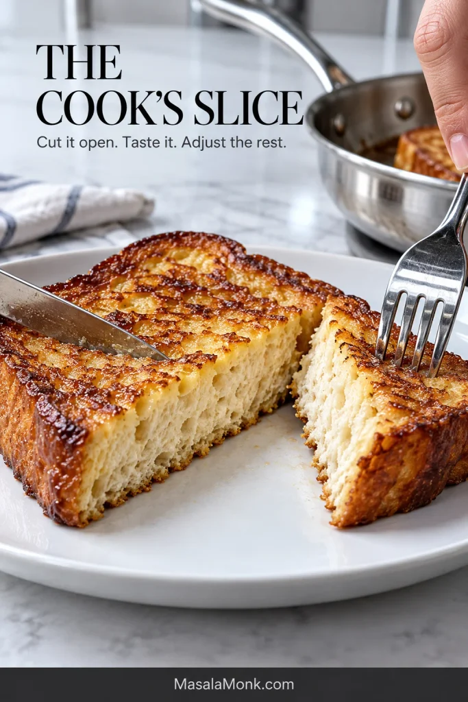 Golden French toast being cut open with a knife and fork beside a skillet, revealing a moist but structured bread interior.