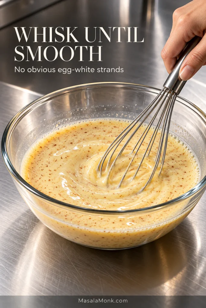 Pale yellow French toast custard with cinnamon flecks being whisked in a clear glass bowl on a stainless-steel counter.