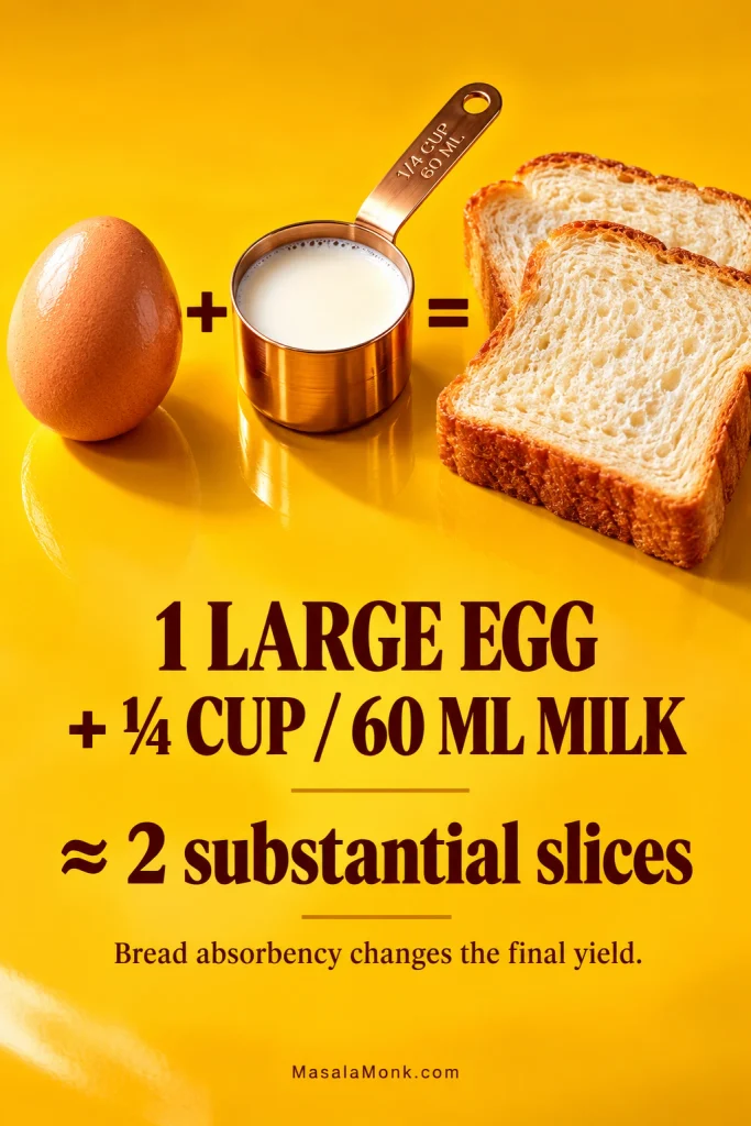 One egg, a quarter-cup measure of milk and two thick bread slices arranged as a visual French toast ratio on a yellow background.