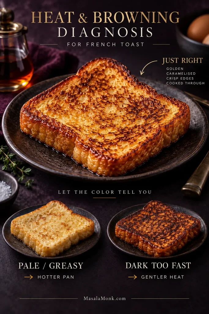 French toast browning guide showing a large golden slice as the ideal result, with smaller pale and overly dark slices labeled for hotter pan and gentler heat.