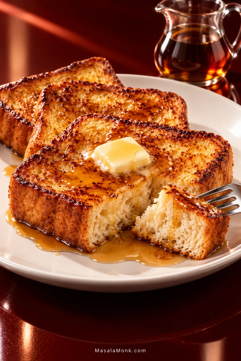 Three thick slices of golden-brown French toast on a white plate with melting butter and amber maple syrup; the front slice is cut open to show a moist, structured bread crumb.
