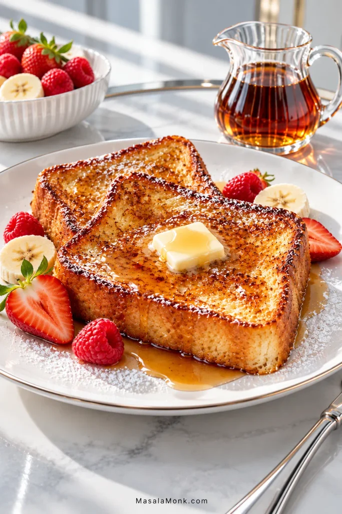 Two golden French toast slices with melting butter, strawberries, raspberries, banana slices, powdered sugar and a glass pitcher of maple syrup.