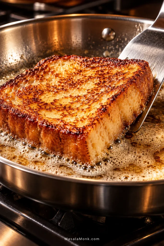 Thick French toast browning in a shiny skillet with foaming butter around the edges and a spatula lifting one corner.
