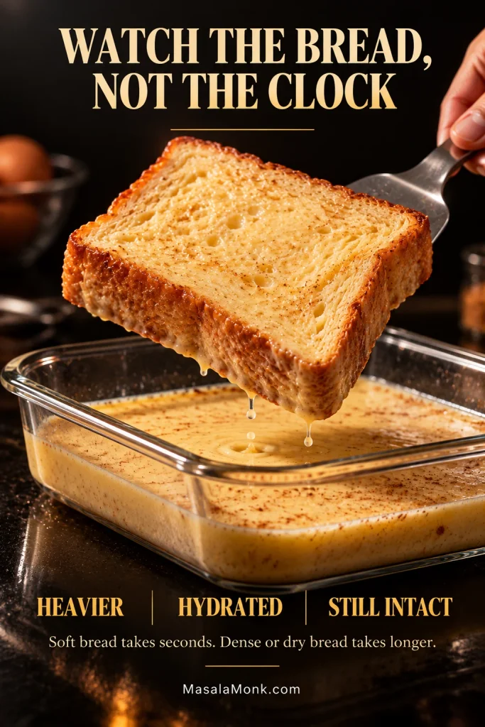 A thick slice of bread being lifted from a glass dish of cinnamon-speckled custard, bending slightly while remaining intact as a few drops fall back into the dish.