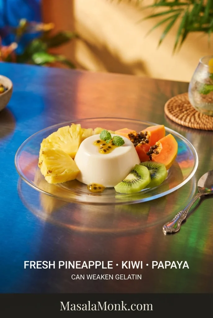 Vanilla panna cotta surrounded by fresh pineapple pieces, sliced kiwi and papaya on a polished surface.