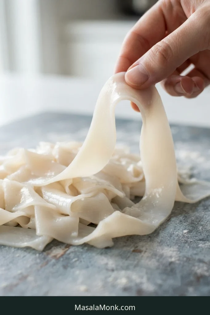 A hand bends a soft, pale fresh wide rice noodle ribbon above separated fresh rice noodles.