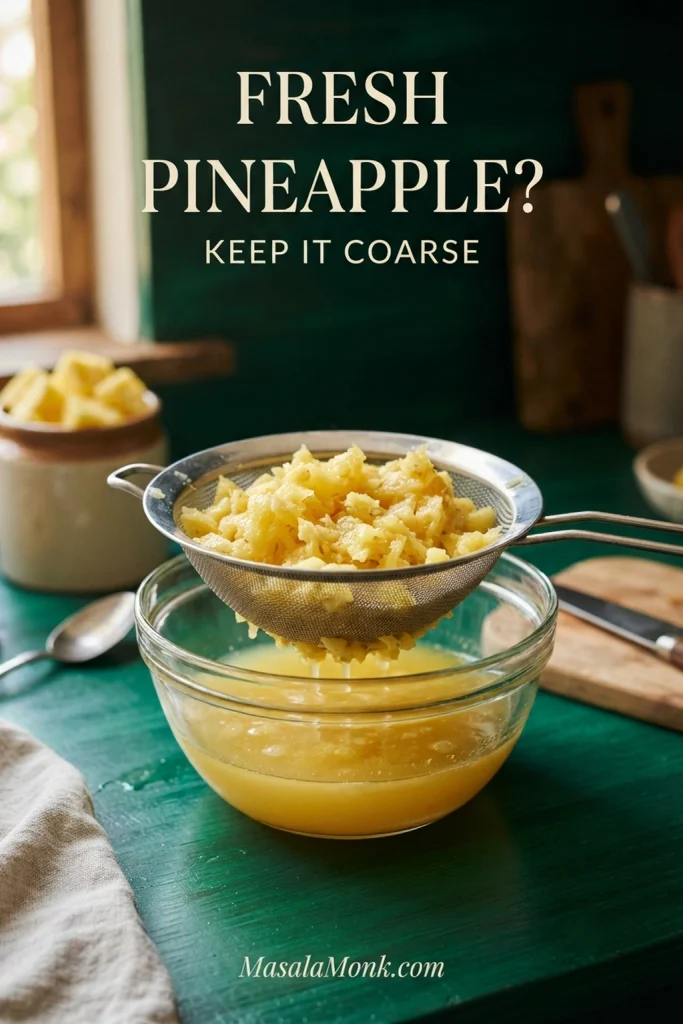 Fresh pineapple prepared into small coarse pieces with released pineapple juice collected separately.