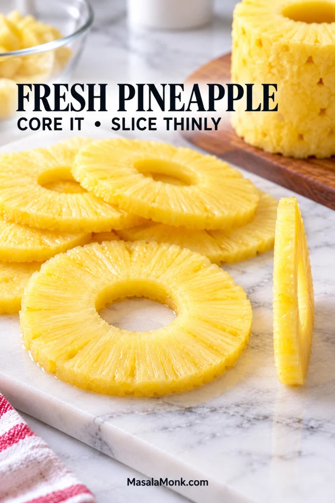 Peeled and cored fresh pineapple rings sliced thinly, with one slice standing on edge to show its thickness.