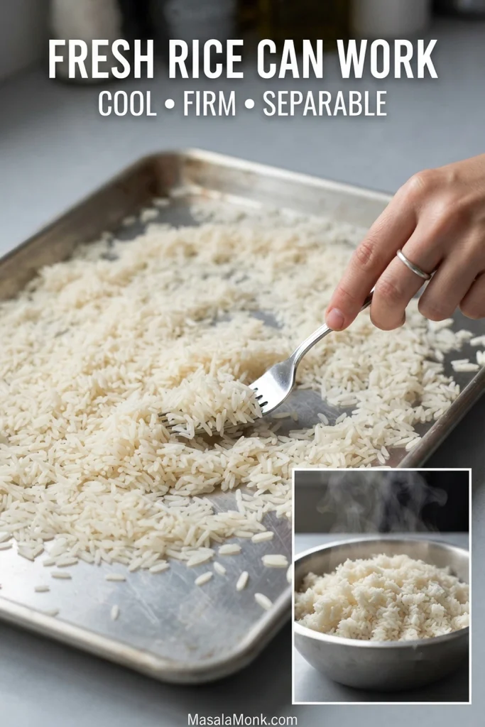 Freshly cooked white rice spread thinly across a metal sheet pan while the grains are loosened with a fork.