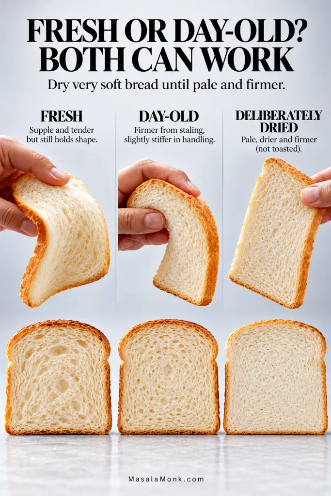 Fresh, day-old and deliberately dried slices from the same white loaf shown side by side, with hands bending them to demonstrate differences in firmness.