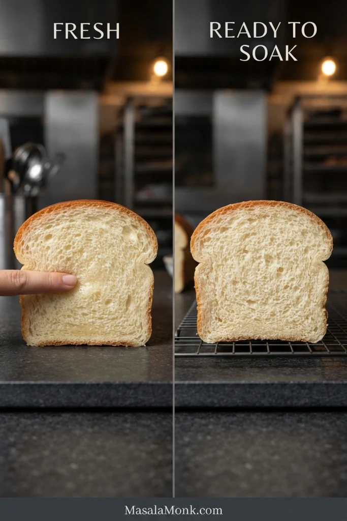 Fresh, plush brioche beside pale, gently dried slices resting on a wire rack, showing the bread before and after drying.