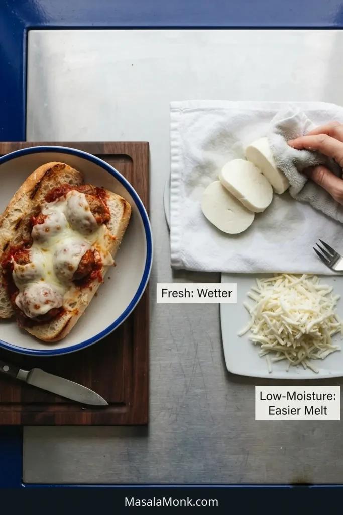 Fresh mozzarella being blotted on a towel beside shredded low-moisture mozzarella and a meatball sub topped with melted cheese.