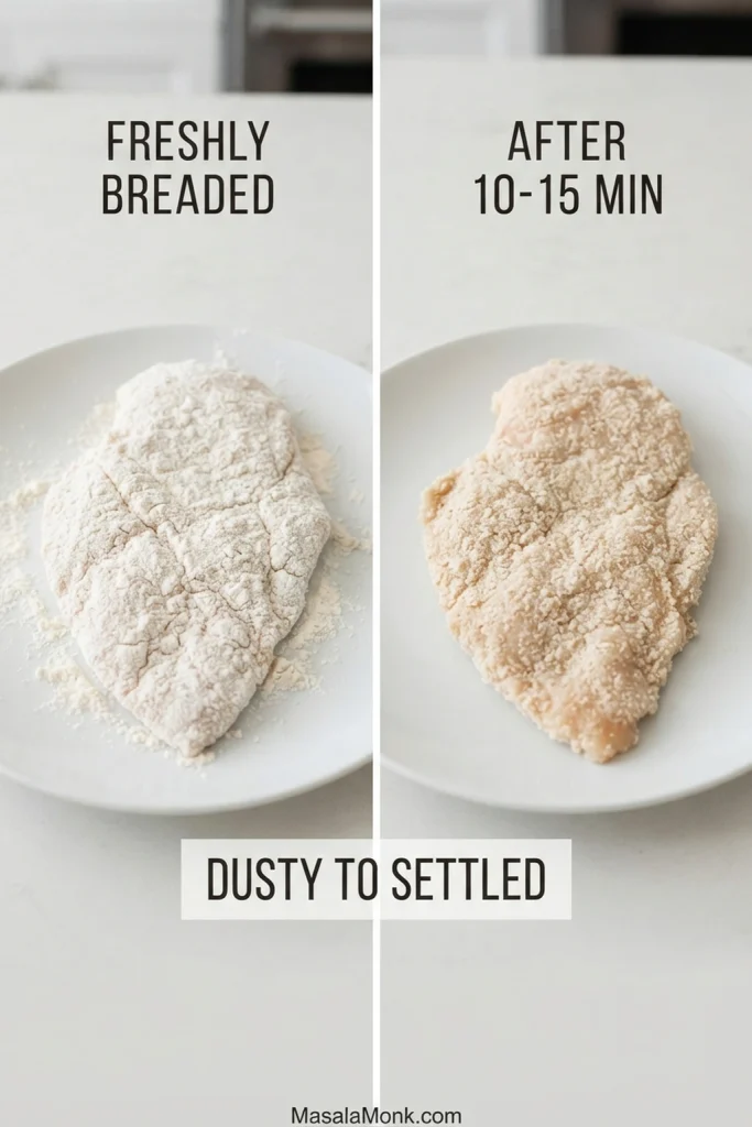 Side-by-side raw breaded chicken cutlets showing a pale dusty coating when freshly breaded and a slightly darker, more settled coating after resting.