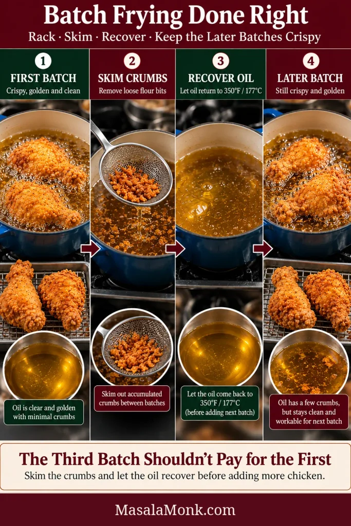 Batch-frying sequence showing cooked chicken moved to a rack, loose crumbs skimmed from the oil, oil recovered to 350°F / 177°C, and the next batch added.
