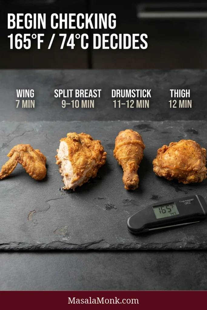 Fried wing, split breast, drumstick and thigh labeled to begin temperature checks at 7, 9–10, 11–12 and 12 minutes, beside a thermometer reading 165°F / 74°C.