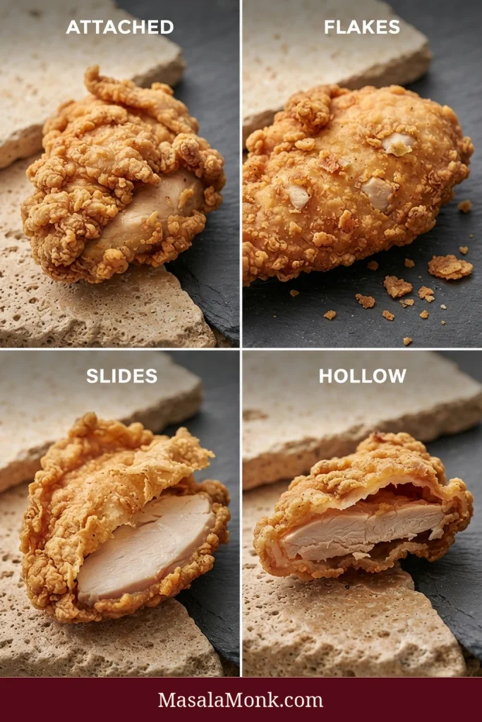 Four fried chicken crust examples labeled “Attached,” “Flakes,” “Slides” and “Hollow,” showing progressively different ways the breading can separate from the chicken.