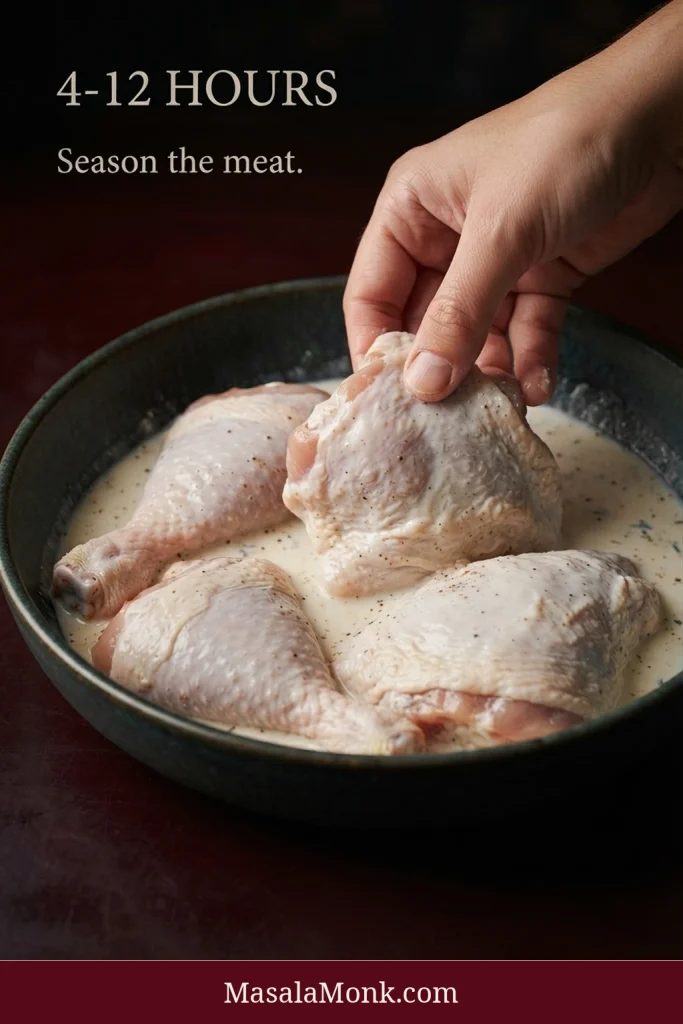 Raw bone-in chicken pieces soaking in seasoned buttermilk while one piece is lifted from the bowl; text indicates a 4–12 hour marinade and seasoning the meat.
