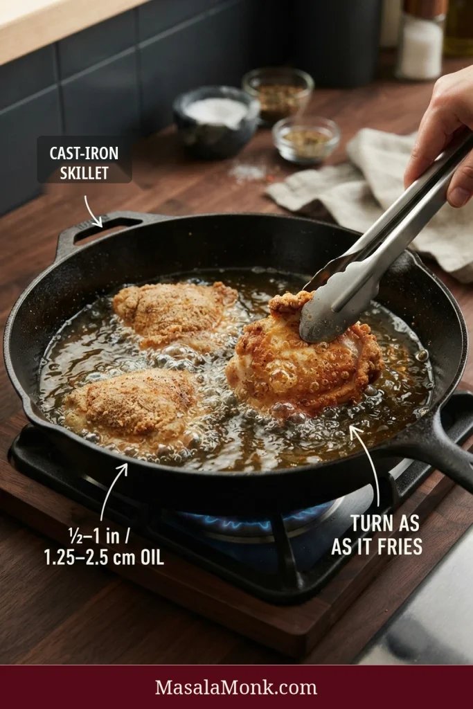 Three chicken pieces shallow-frying in a cast-iron skillet with ½–1 inch of oil while tongs turn one piece; labels identify the skillet, oil depth and turning step.