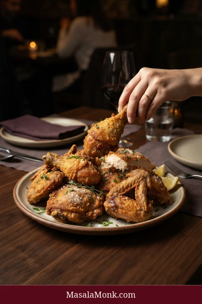 Hand lifting a golden fried chicken drumstick from a ceramic platter piled with assorted fried chicken pieces on a dark dinner table with lemon wedges and chopped herbs.