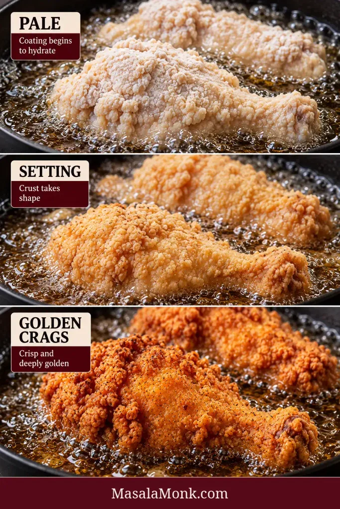 Three frying stages showing chicken coating progressing from pale and hydrating, to lightly golden and setting, to crisp deep-golden crags.