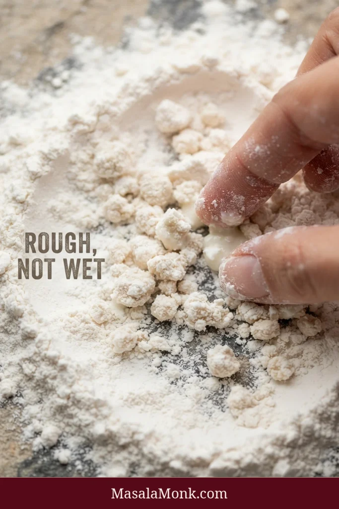 Fingers forming small damp clumps in a mostly dry seasoned flour mixture, with rough clusters scattered through loose flour and the words “Rough, Not Wet.”