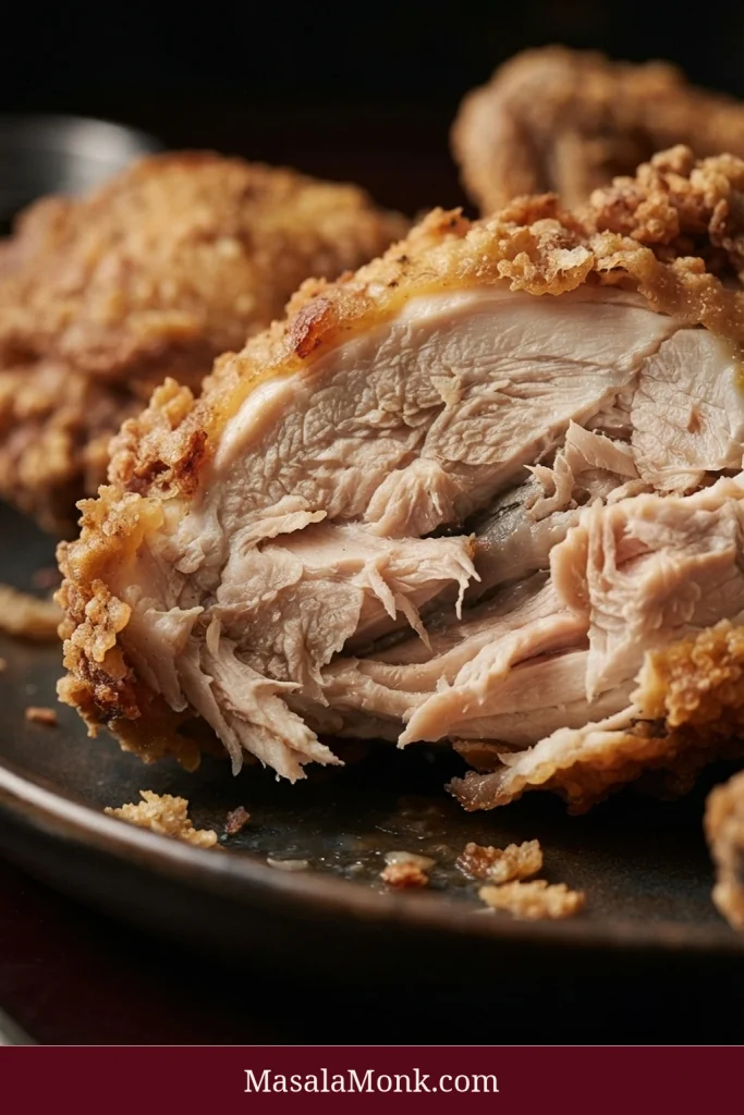 Extreme close-up of fried chicken broken open, showing moist pale cooked meat fibers surrounded by an attached, irregular golden crust.