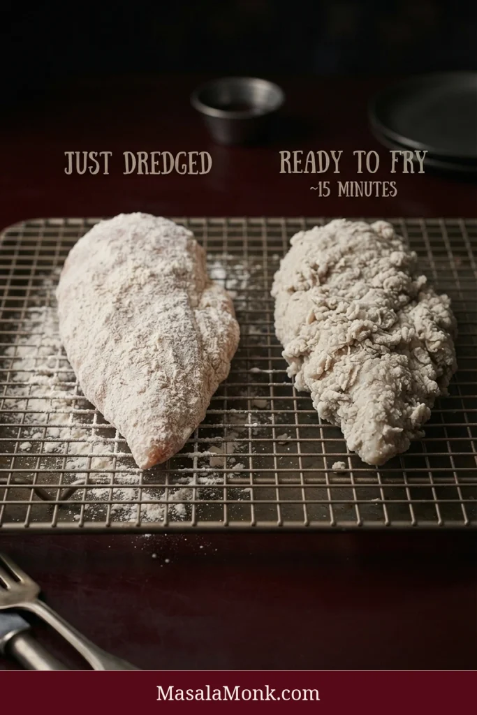 Two flour-coated chicken pieces resting on a wire rack: a powdery piece labeled “Just Dredged” beside a rougher, hydrated piece labeled “Ready to Fry ~15 Minutes.”