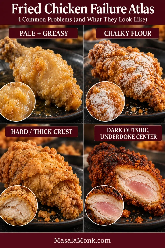 Four fried chicken examples showing pale greasy crust, chalky flour patches, a hard thick crust, and very dark crust surrounding an underdone center.