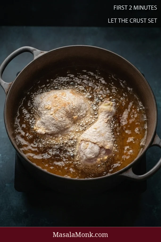 Two pale flour-coated chicken pieces bubbling vigorously in hot oil during the early frying stage, with text reading “First 2 Minutes” and “Let the Crust Set.”