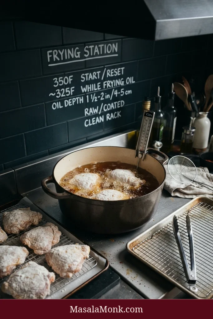 Fried chicken station with a Dutch oven of hot oil and clip-on thermometer, coated raw chicken on one rack, and a separate clean rack with tongs for cooked chicken.