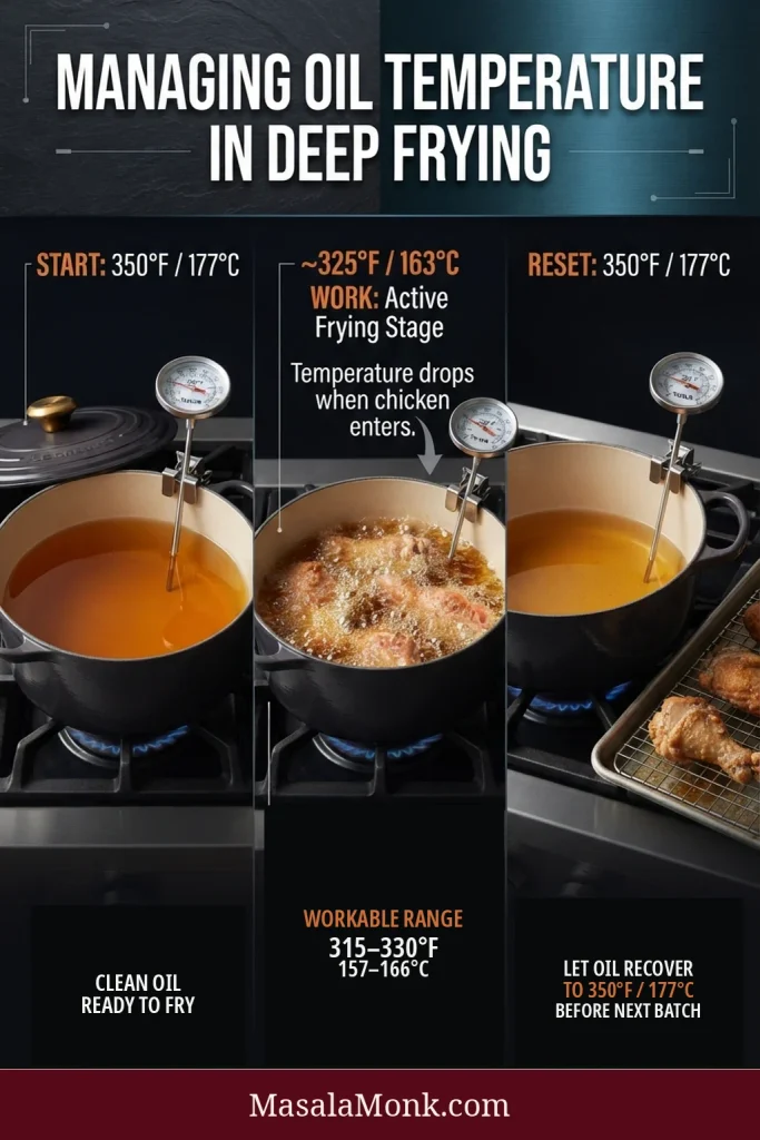 Three-stage oil-temperature guide showing 350°F / 177°C before frying, about 325°F / 163°C during frying, and recovery to 350°F / 177°C before the next batch.