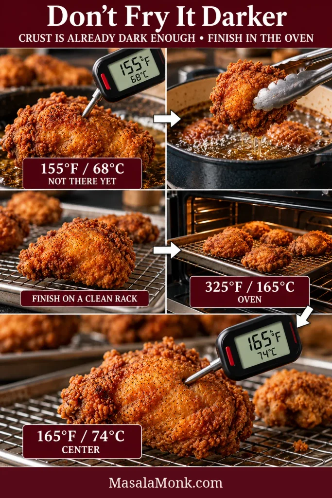 Fried chicken rescue sequence showing a 155°F / 68°C center, chicken moved from the oil to a clean rack in a 325°F / 165°C oven, then reaching 165°F / 74°C.