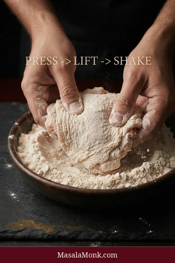 Hands pressing a raw chicken piece into seasoned flour, with loose flour falling away and the instruction “Press → Lift → Shake” above.