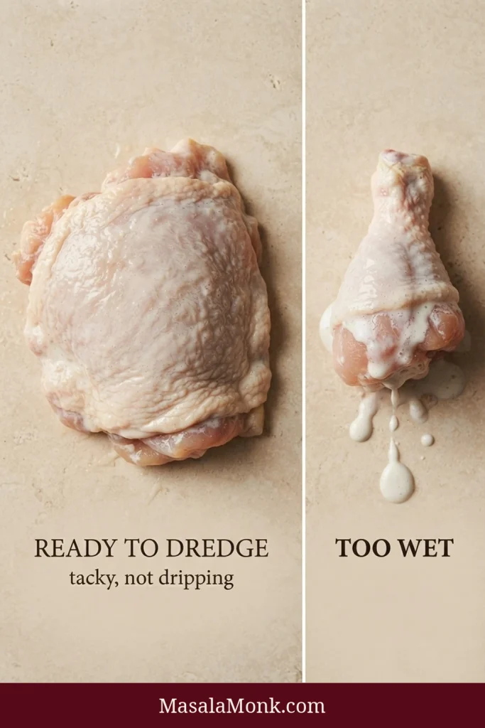 Side-by-side raw chicken comparison: one piece has a thin tacky buttermilk coating labeled “Ready to Dredge,” while buttermilk visibly drips from the piece labeled “Too Wet.”