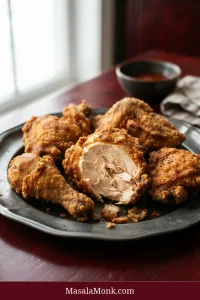 Platter of golden bone-in fried chicken on a burgundy table, with one piece broken open to reveal moist, opaque meat beneath a craggy crust.