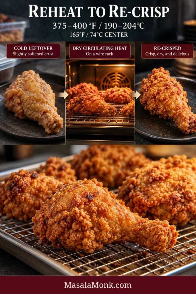 Three-stage reheating guide showing cold softened fried chicken, pieces heating on a wire rack in the oven, and golden re-crisped chicken, with oven and internal-temperature guidance.