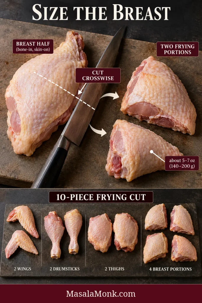 Raw bone-in chicken breast marked for a crosswise cut into 5–7 ounce portions, above a 10-piece chicken layout with 2 wings, 2 drumsticks, 2 thighs and 4 breast portions.