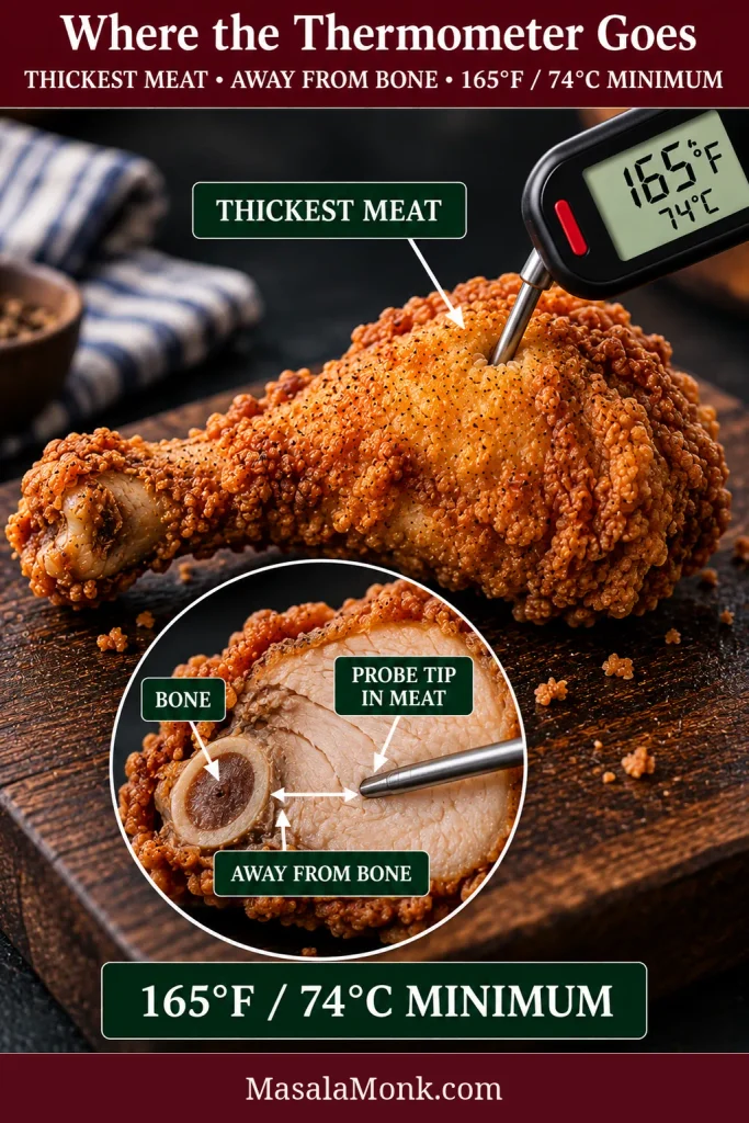 Digital thermometer inserted into the thickest meat of a fried chicken drumstick; a cutaway shows the probe tip positioned in meat beside, but not touching, the bone.