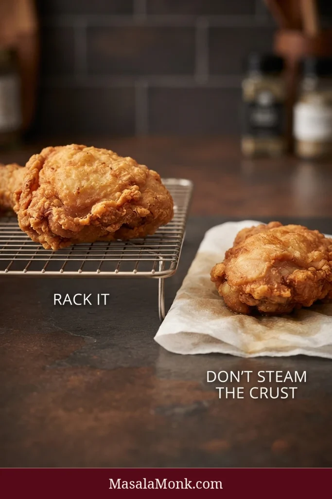Fried chicken resting above a wire rack labeled “Rack It” beside another piece sitting directly on paper towel labeled “Don’t Steam the Crust.”