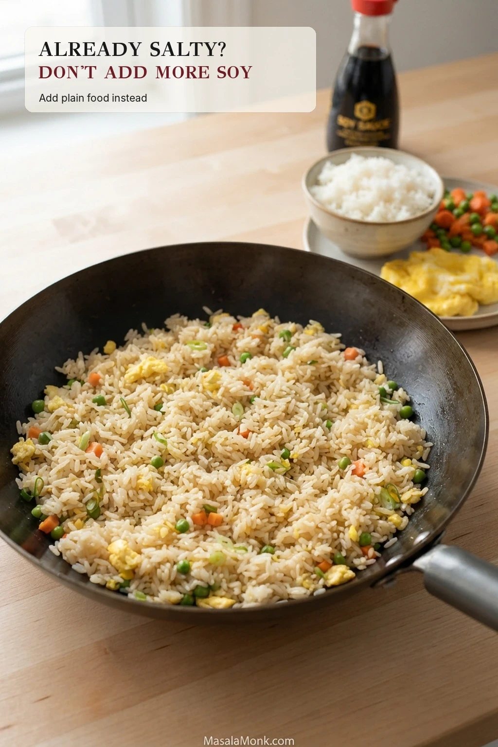 Finished fried rice with separate bowls of plain rice, cooked egg and vegetables nearby while a soy sauce bottle sits away from the pan.