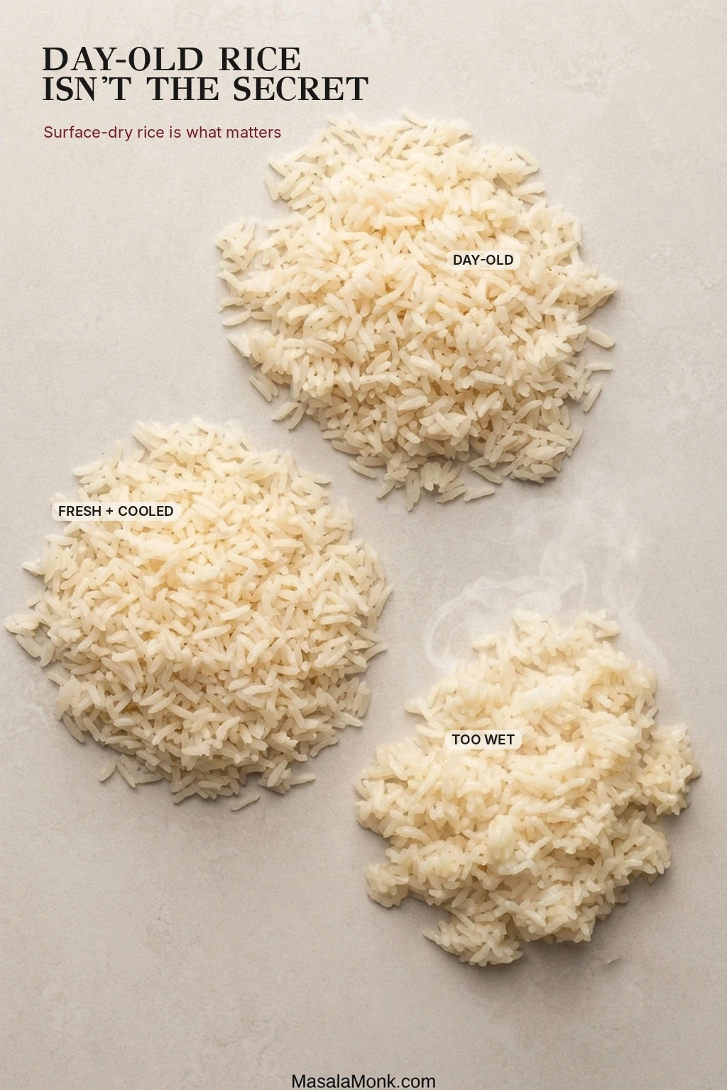 Three portions of cooked rice showing dry day-old rice, freshly cooked and cooled rice, and rice that is still wet, clumped and steamy.
