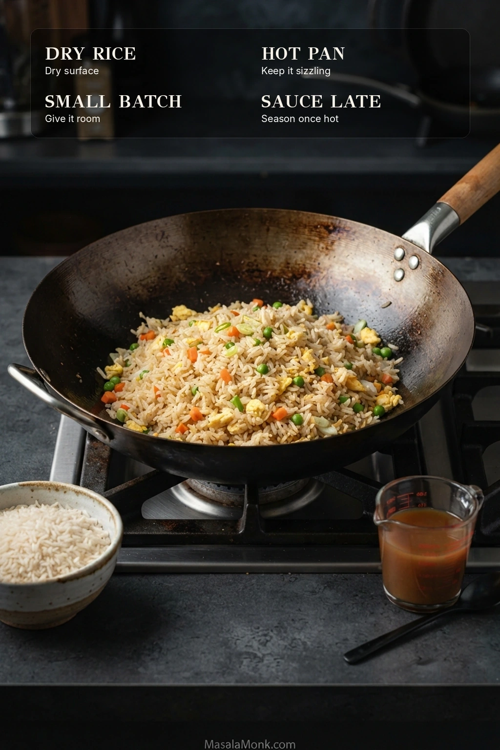 Fried rice cooking in a wok with four highlighted principles: dry rice, hot pan, small batch and sauce added late.
