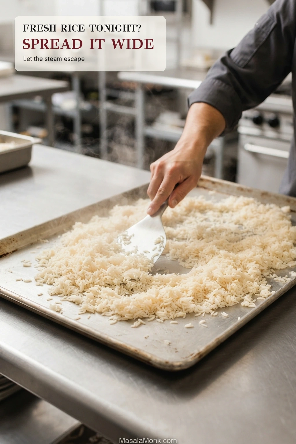 Freshly cooked rice being spread into a thin layer across a large metal tray with a rice paddle.
